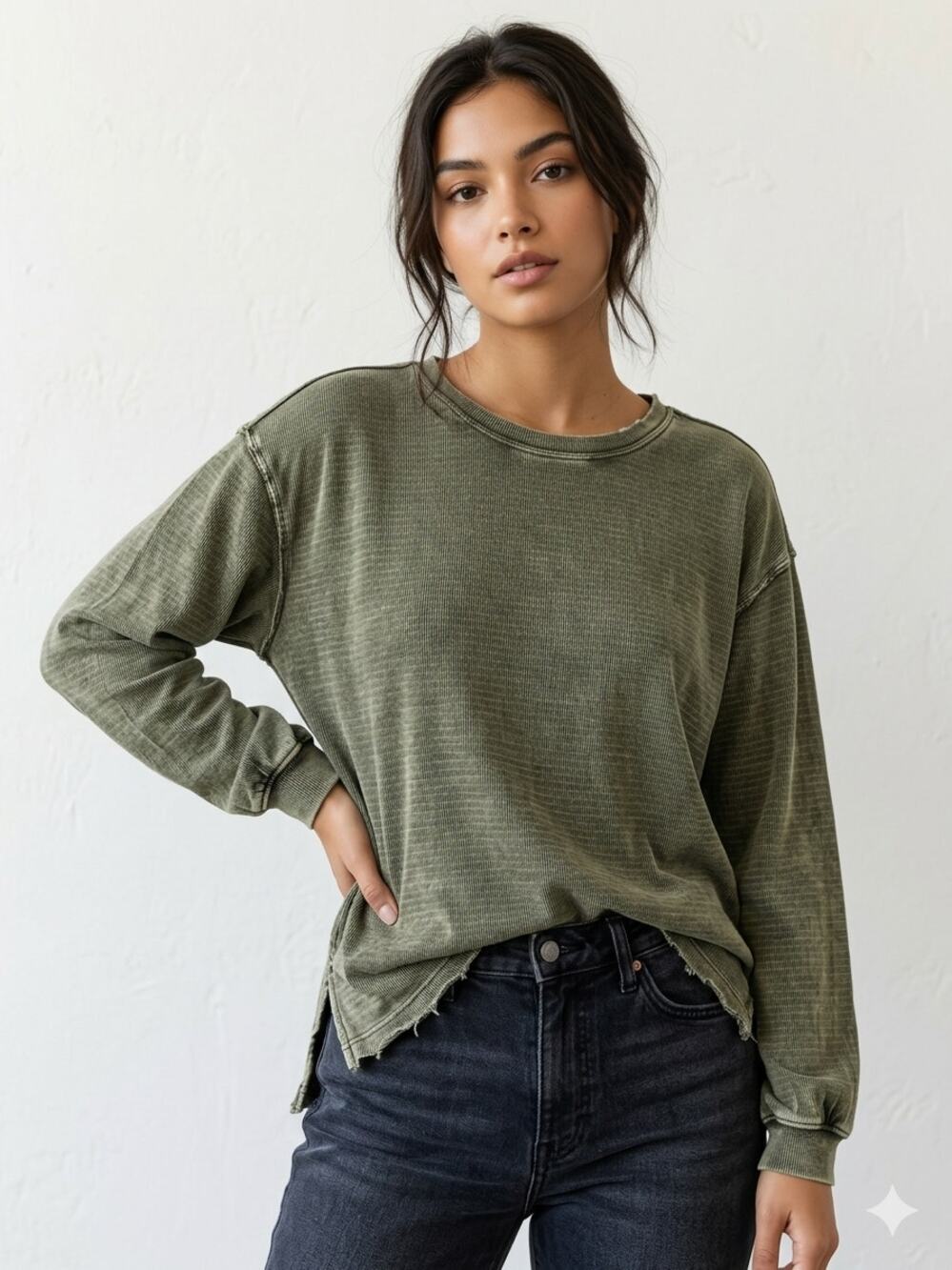 FP We The Free Boho Oversized Slouchy Drop Shoulder Ribbed Top Green Small